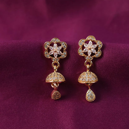 Side view of elegant rose gold starburst drop earrings with crystal details
