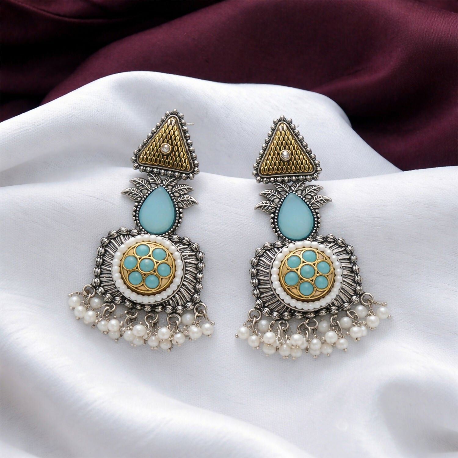 Vintage Oxidized Silver Dangle Earrings with Gold Tone & Pearl Tassel Drops