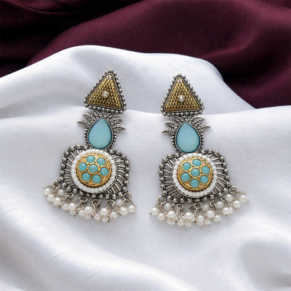 Vintage Oxidized Silver Dangle Earrings with Gold Tone & Pearl Tassel Drops