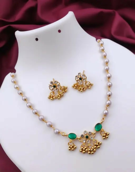 Elegant Gold-Plated Green Stone & Pearl Bridal Jewelry Set with Necklace, Earrings