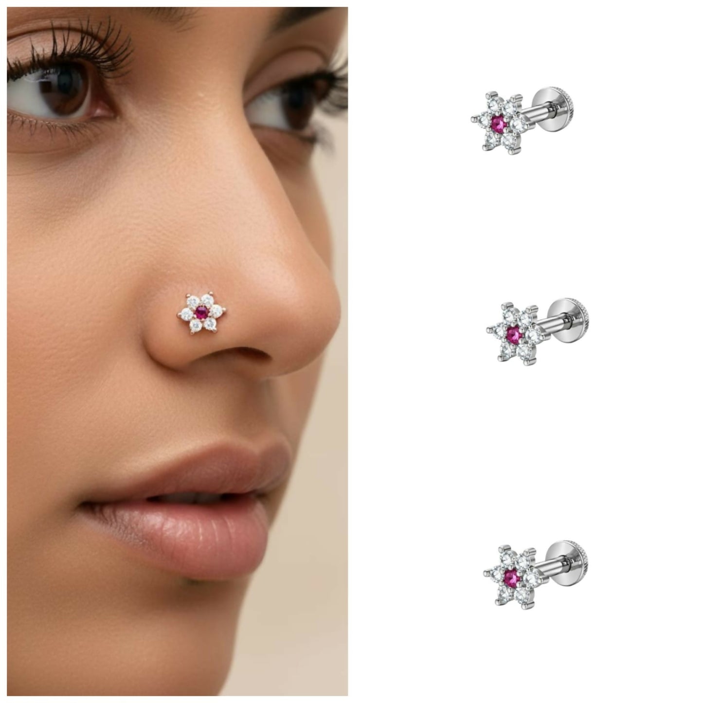 Silver Plated Ruby Flower Flat Back AD Nosepin Stud Combo Pack of 3