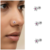 Silver Plated Ruby Flower Flat Back AD Nosepin Stud Combo Pack of 3