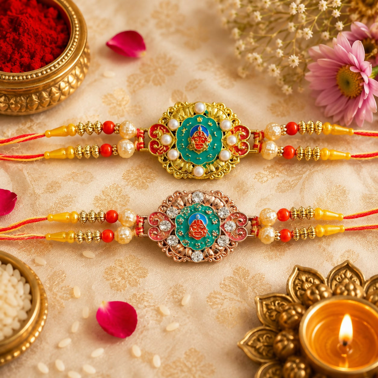 Two ornate Hanuman Ji designer rakhis with gold and rose gold accents, pearls, and red threads, on an embroidered cream