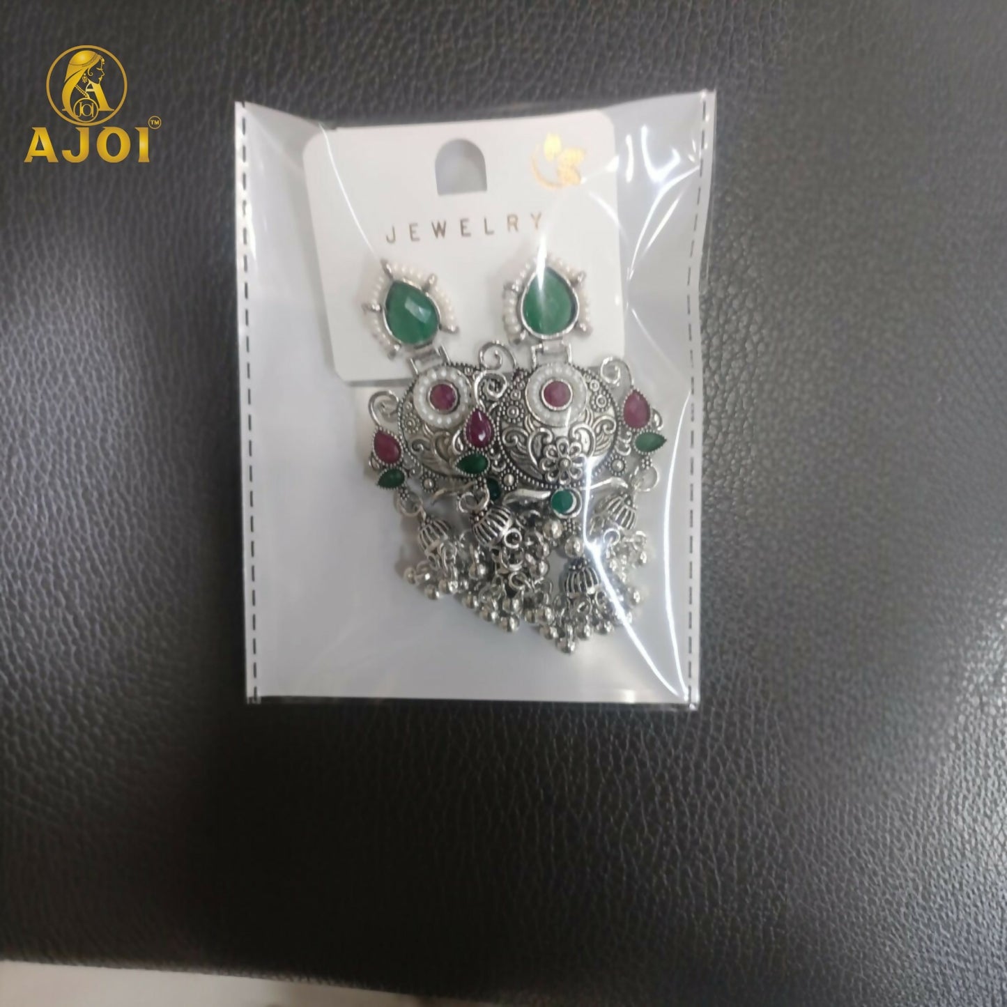 Premium Oxidised Silver Chandbali Jhumka Earrings with Green Stone