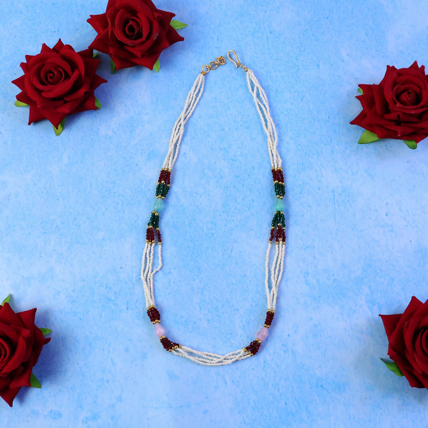 Elegant Multi-Layer Pearl Beaded Necklace with Red, Green & Pastel Stone Accents