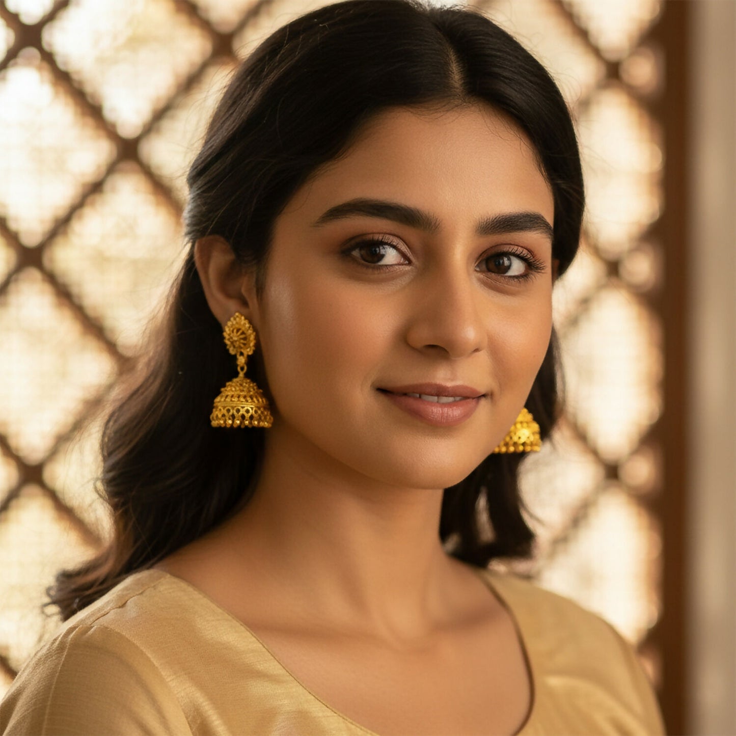Festive gold jhumka earrings on white background, ready to wear