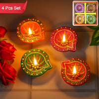 Handcrafted Decorative Clay Diya Set of 4 – Traditional Leaf Shaped Multicolor Oil Lamps for Diwali & Pooja (Mix Design)