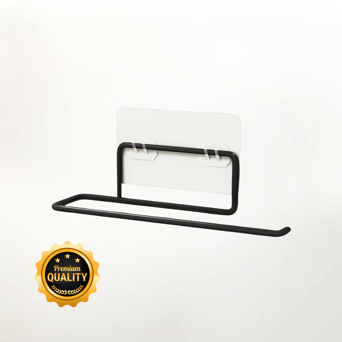 Black metal paper towel holder with a clear adhesive backing, ready for wall mounting.