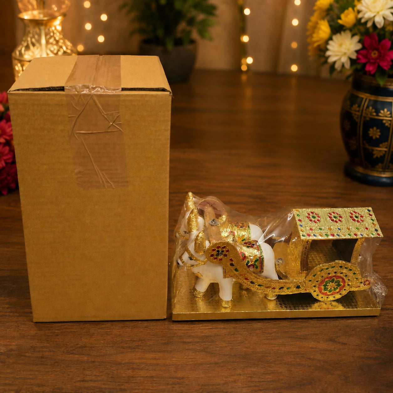 Festive decorative Meenakari bullock cart showpiece