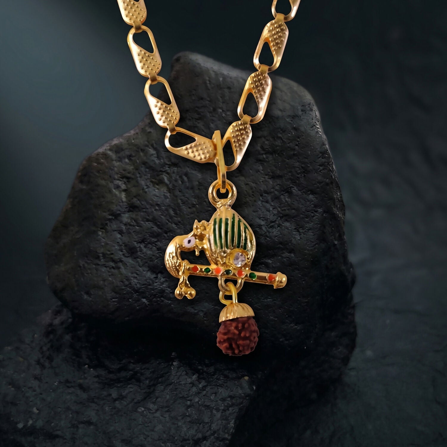 Divine jewelry with detailed Krishna-inspired Mor Pankh Rudraksha pendant