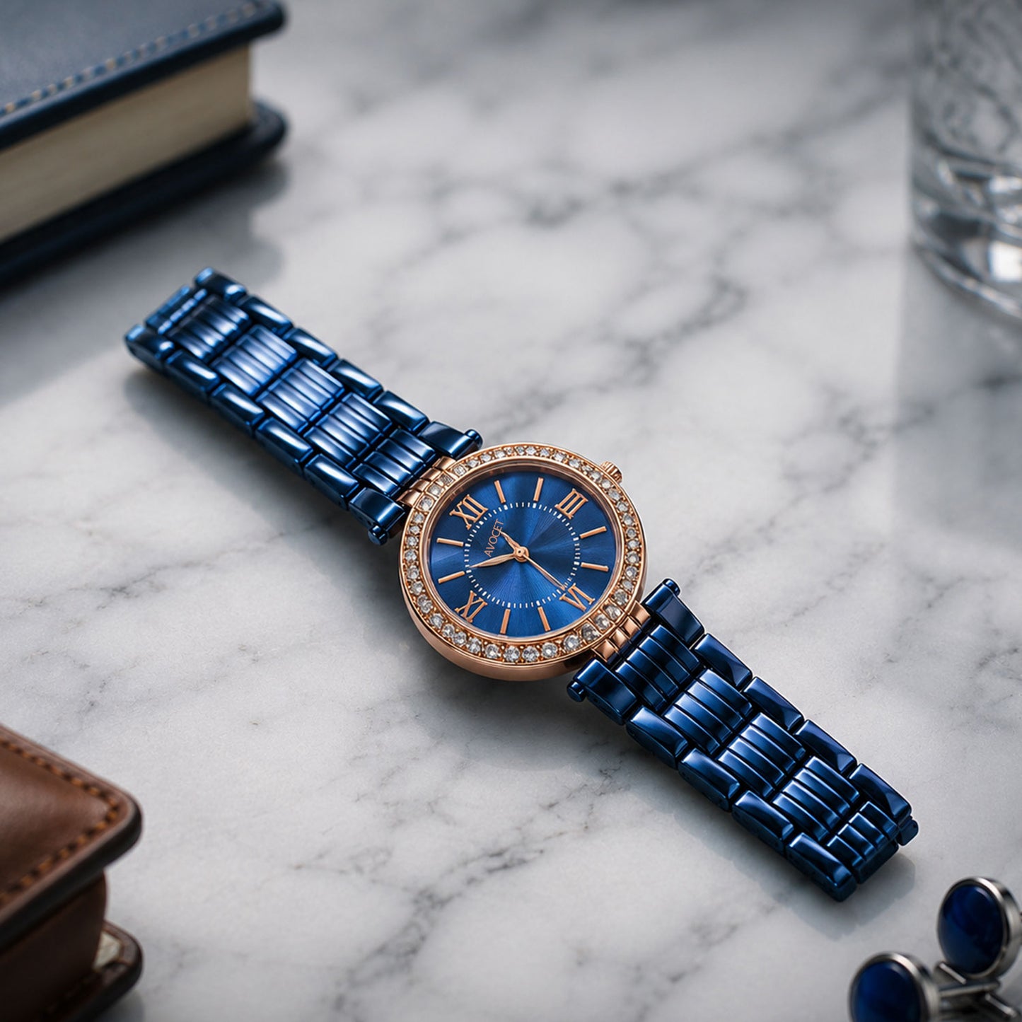 Stylish women's blue analog watch adorning a wrist, showcasing its elegant design.