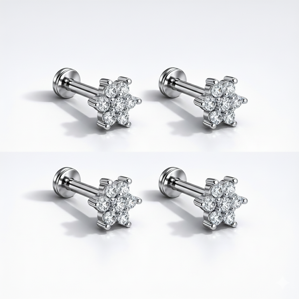 Pair of silver plated crystal flower labret stud earrings shown on white background
