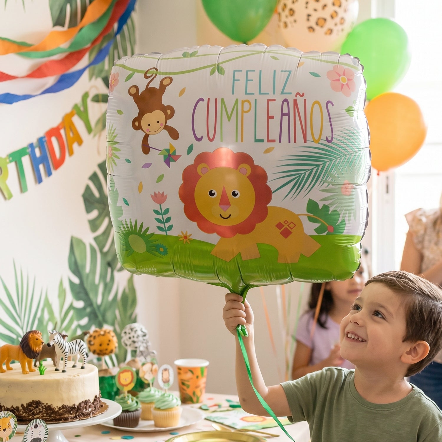 Party setup with jungle lion foil balloon on wall backdrop