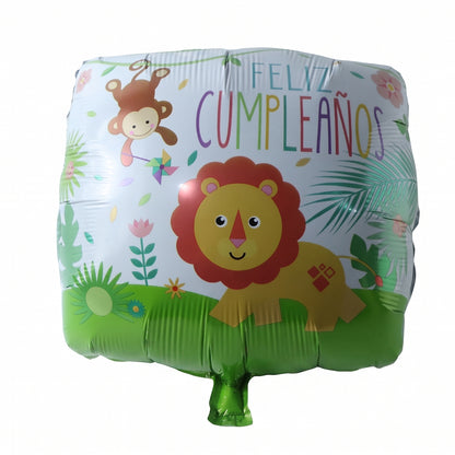 Jungle lion foil balloon at kids party photo corner