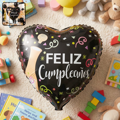 Black Heart Feliz Cumpleaños shiny foil balloon for party decoration