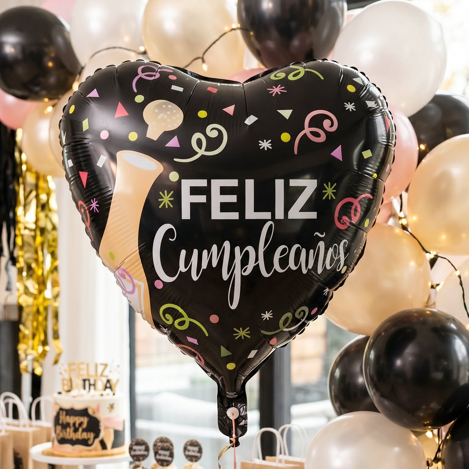 Black Heart Feliz Cumpleaños foil balloon displayed in party setting