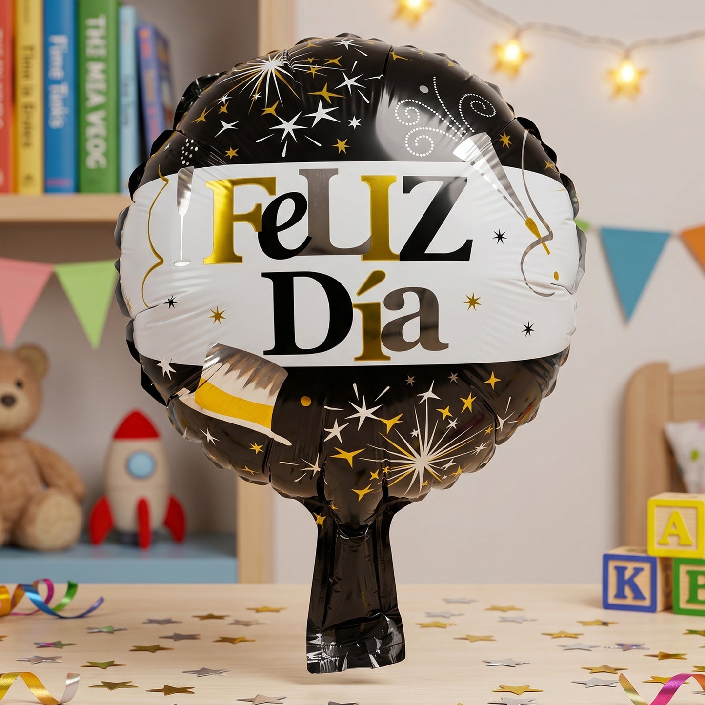 Party scene with black gold foil balloon