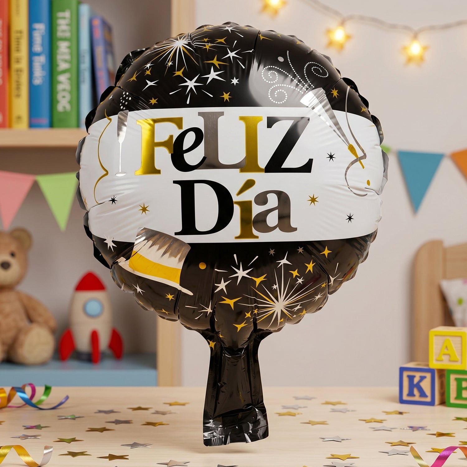 Party scene with black gold foil balloon