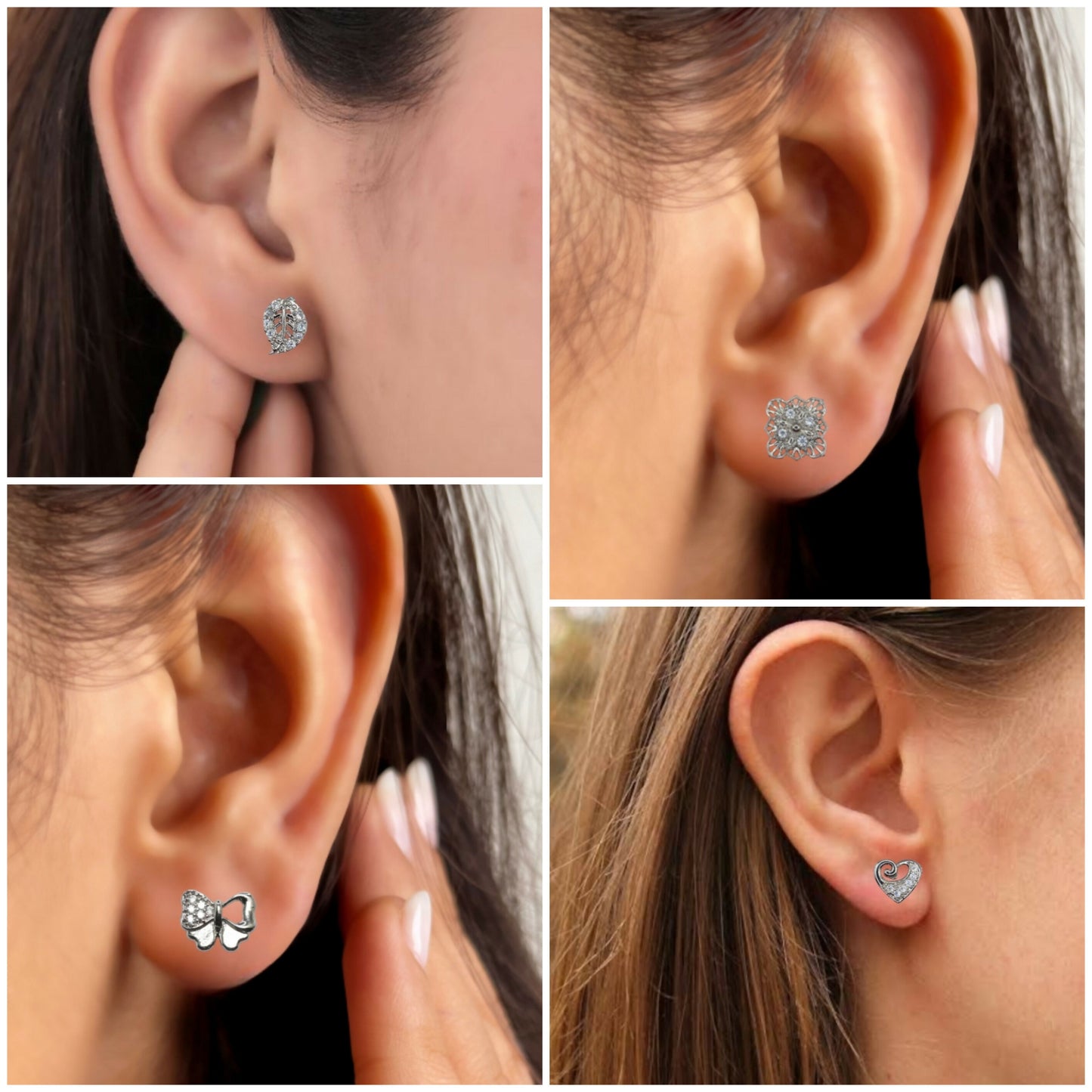Close-up of silver bow-shaped zircon stud earrings sparkling clearly