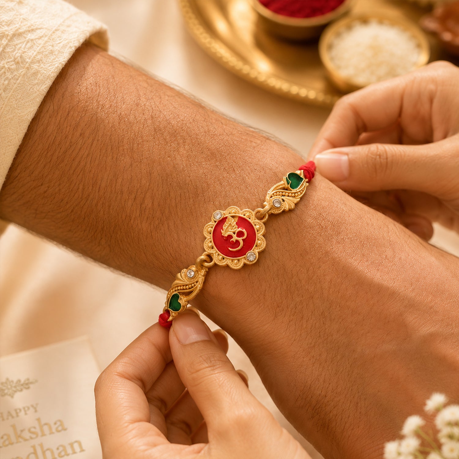 Elegant Rakhi featuring Om Plaque, crystal accents and thread style for Gift Styling