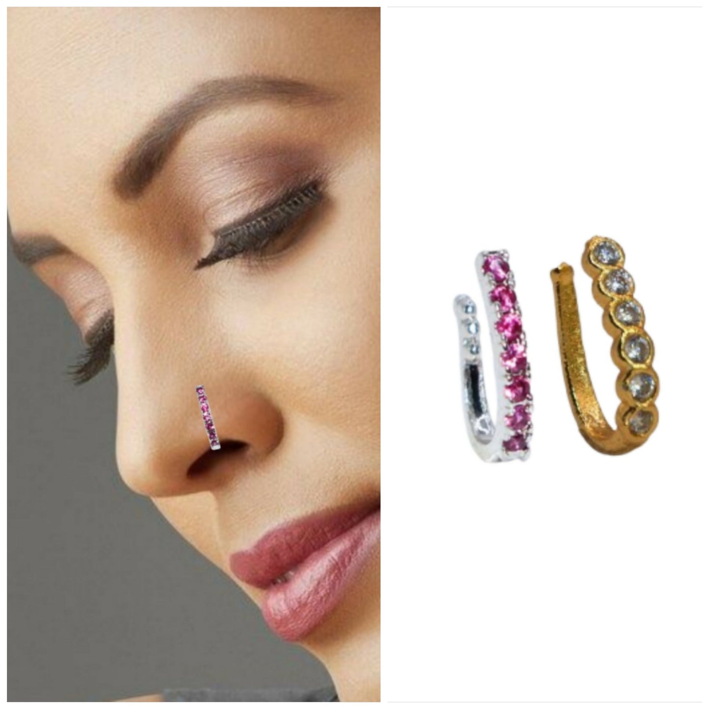 Minimal silver-tone nosepin with pink stones for women