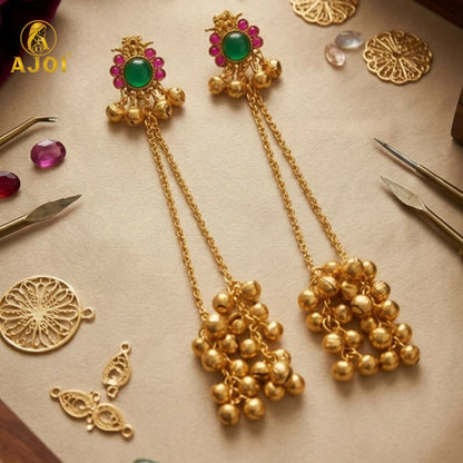 Imperial Kashmiri gold-plated ear cuff earrings with emerald green center and ruby floral accents