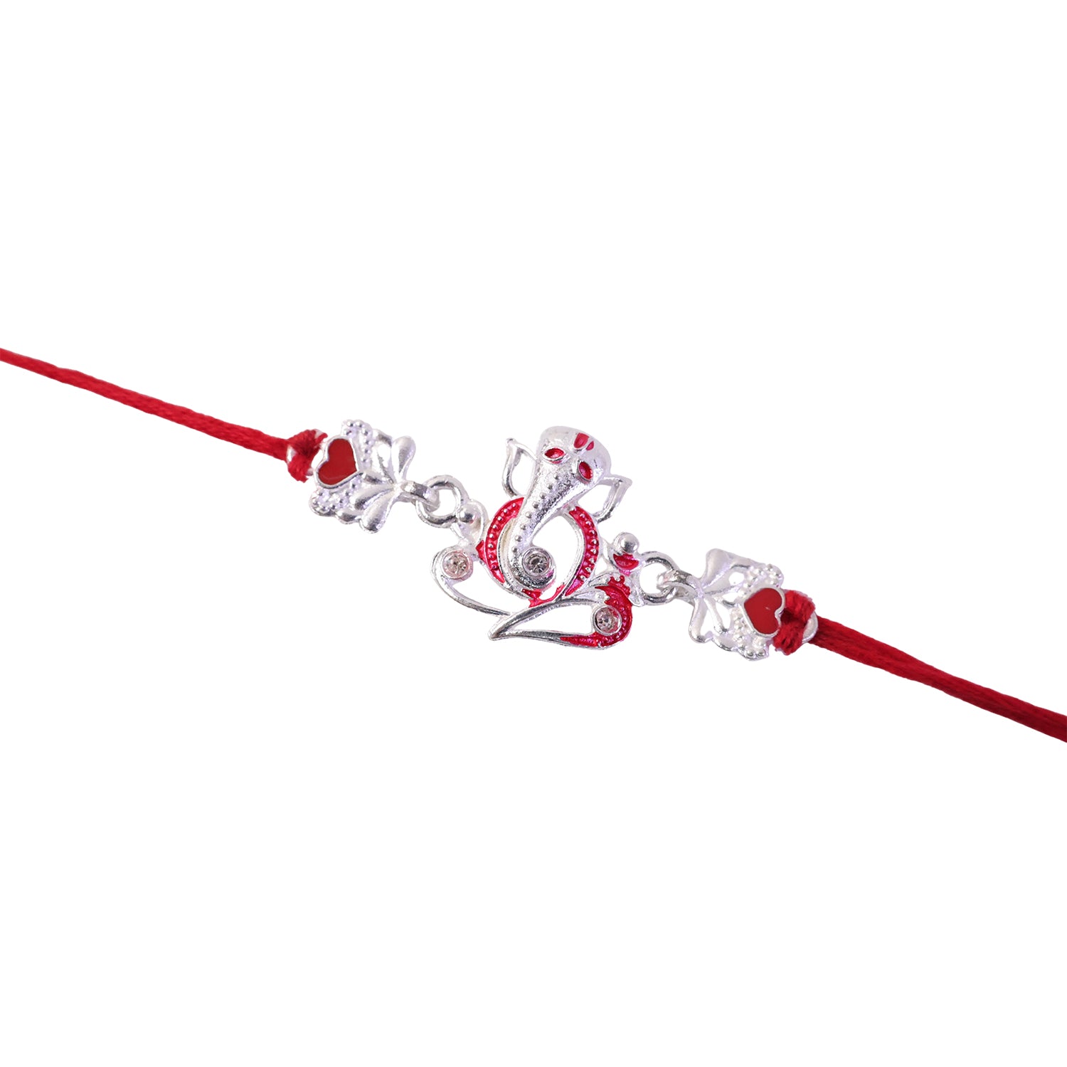 Silver Ganesha Rakhi with Red Stone Hearts and Deep Velvet Look
