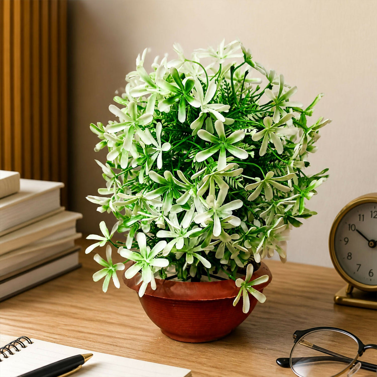 Artificial White Flower Plant with Brown Bowl Pot Green Leaves Home Office Decor