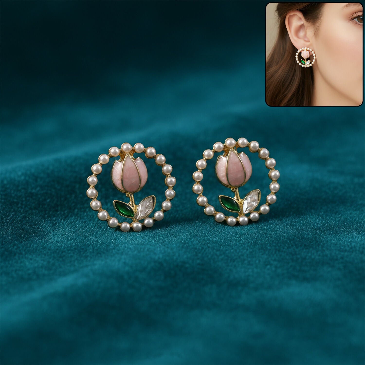 Korean Pearl Floral Stud Earrings – Elegant Rose Design