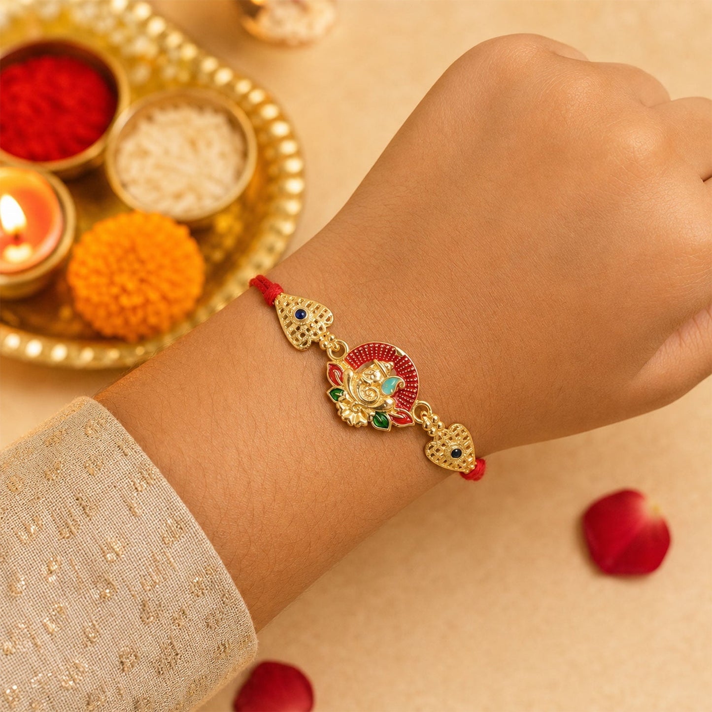 Gold-Toned Lord Ganesha Rakhi with Lotus Enamel for Raksha Bandhan (5pcs)