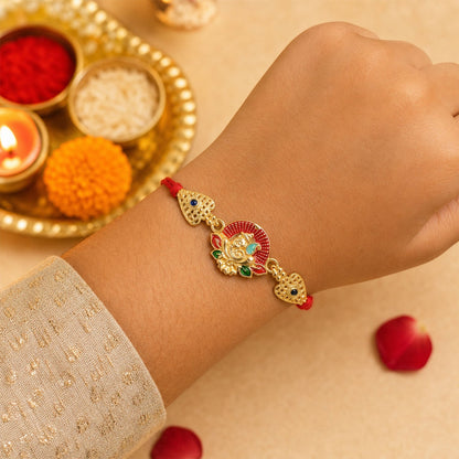 Gold-Toned Lord Ganesha Rakhi with Lotus Enamel for Raksha Bandhan (5pcs)