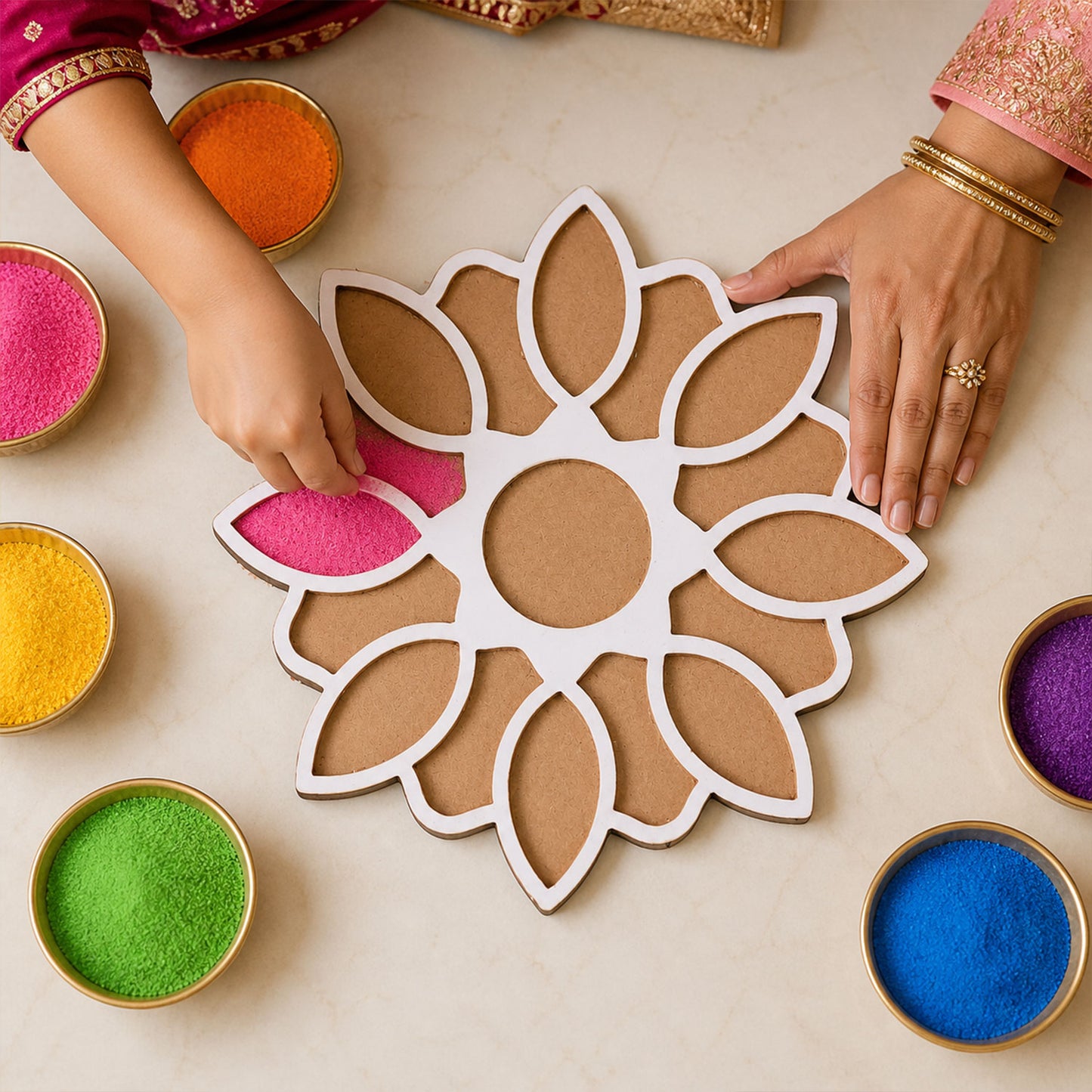 Wooden Rangoli Stencil Set with 4 Reusable Floral Designs for Diwali & Pooja Decor