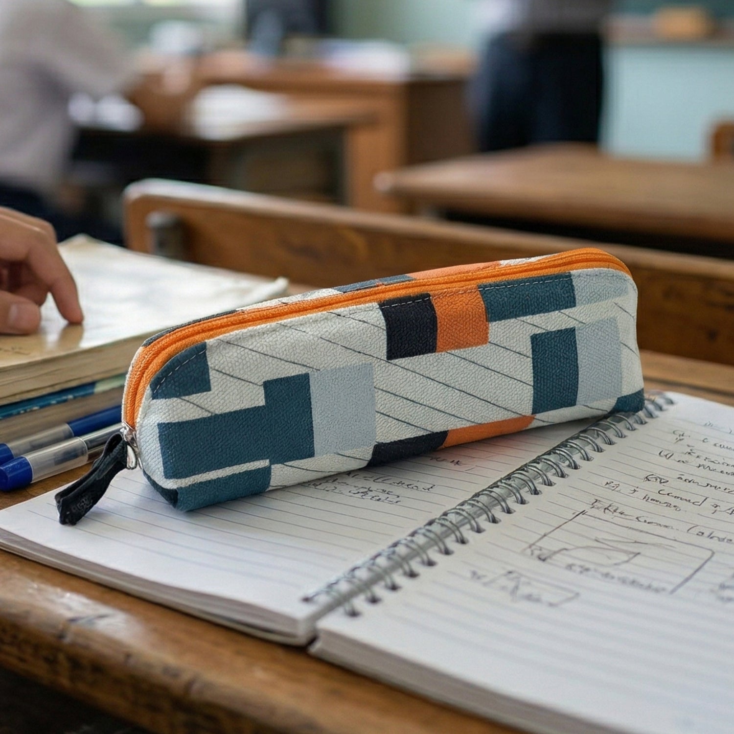 Fabric pencil pouch open with accessories
