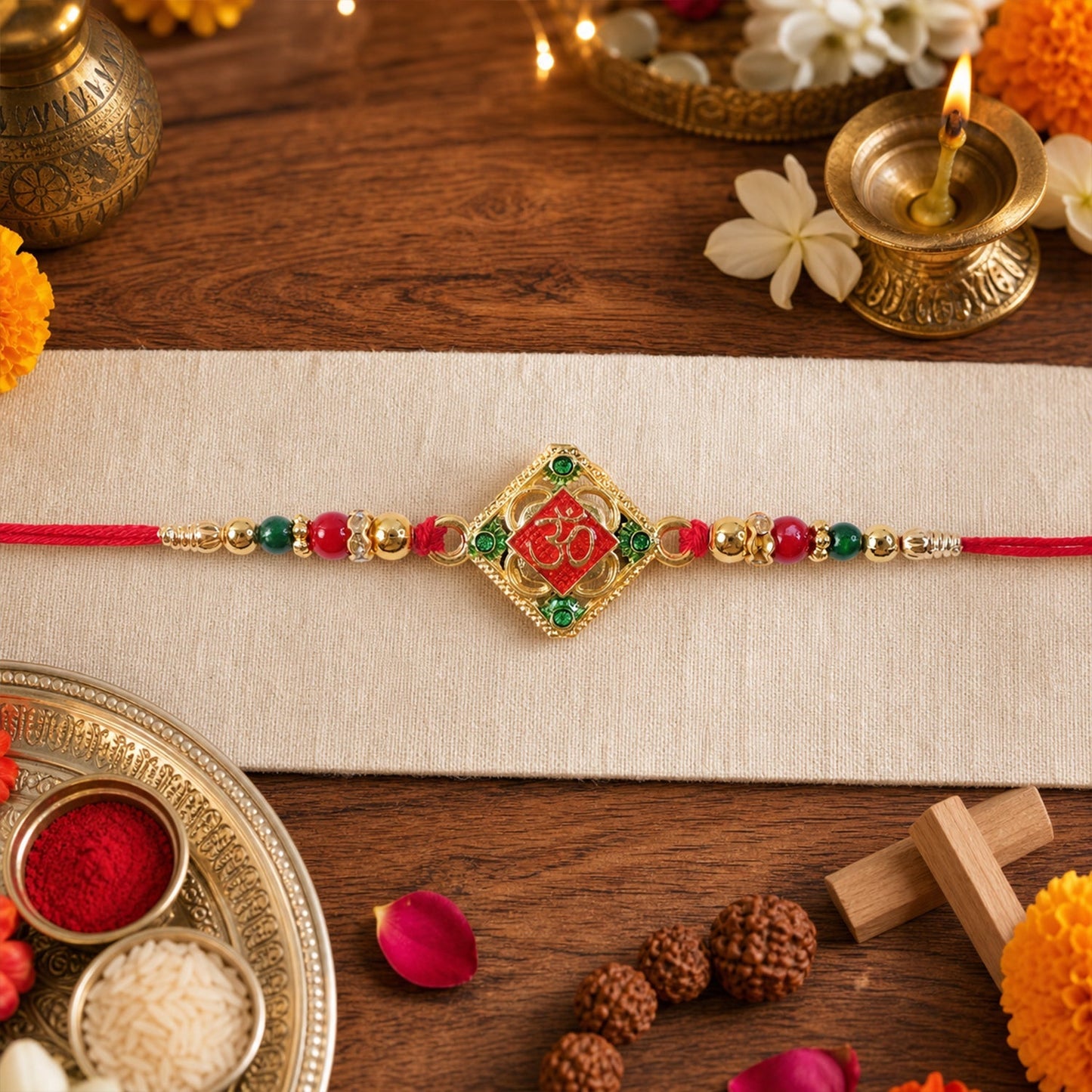 Square Om Kundan Beaded Traditional Rakhi for Brothers (10pcs)