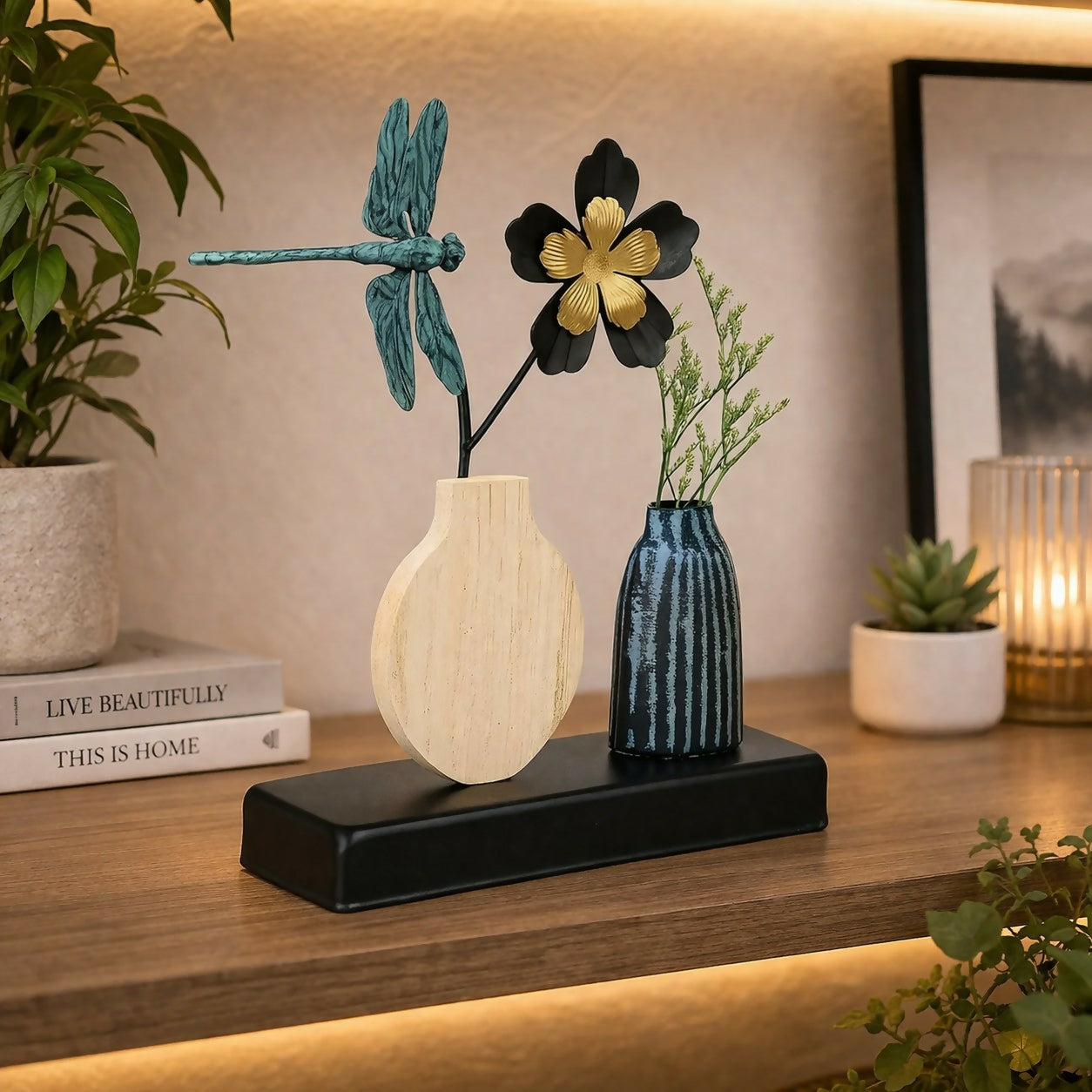 Modern Decorative Table Showpiece with Flower & Dragonfly Design