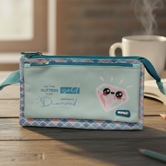 Cute Multicolor Pencil Pouch for Girls & Boys | Diamond Design | Multi-Pocket Zipper Stationery Case for School & Office