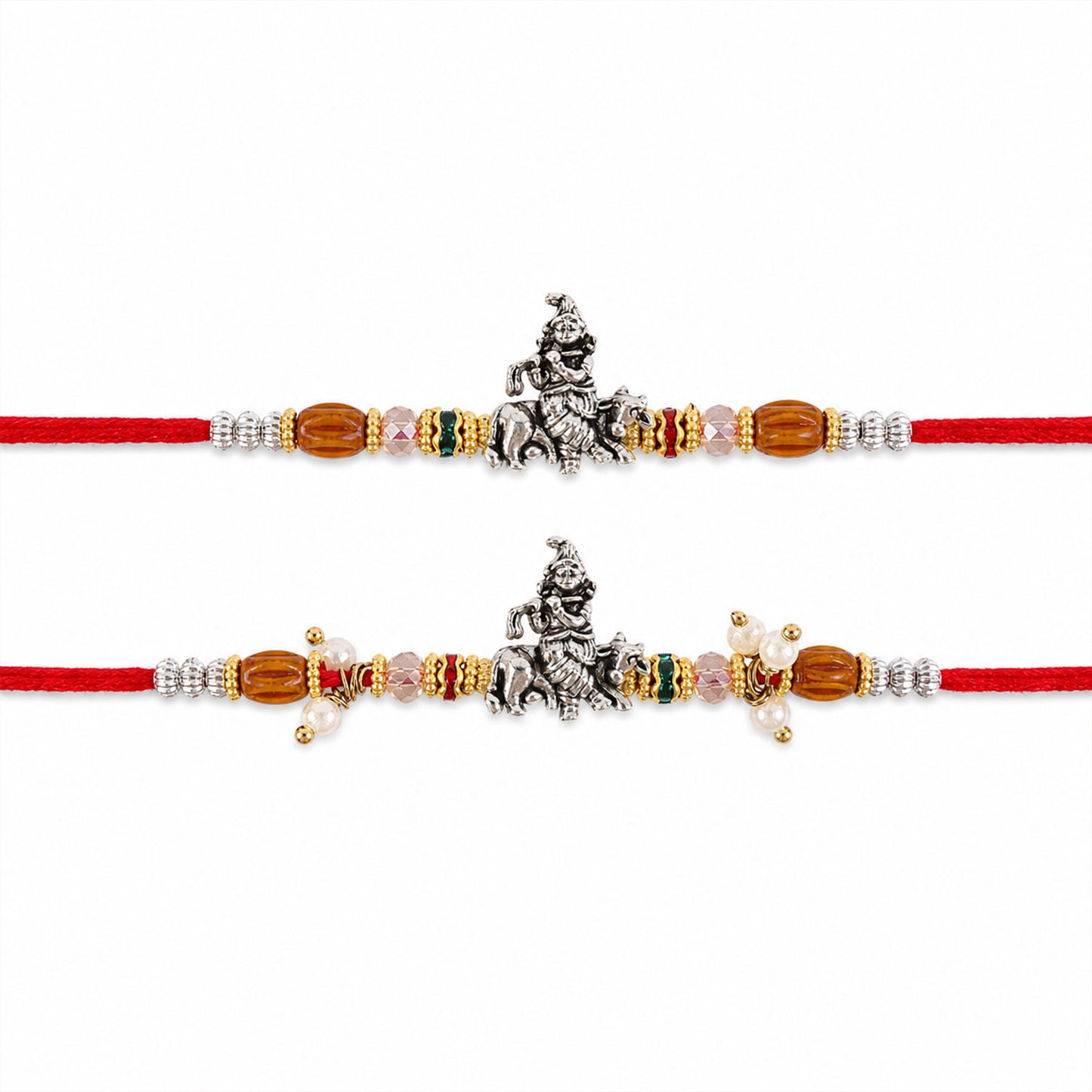 Silver Ganesha Couple Rakhi Set with Amber Crystal Beads and Pearl Lumba Charm Gift