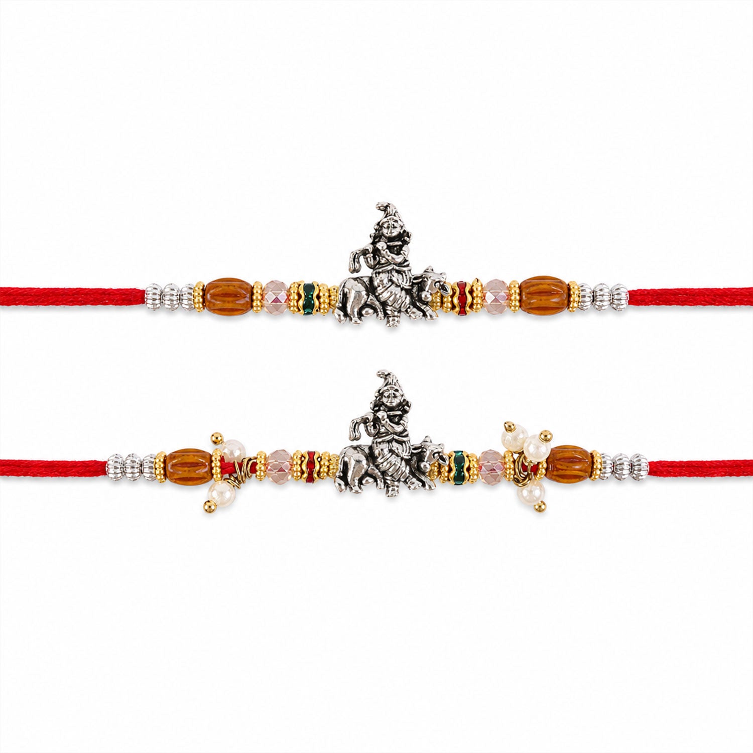Silver Ganesha Couple Rakhi Set with Amber Crystal Beads and Pearl Lumba Charm Gift