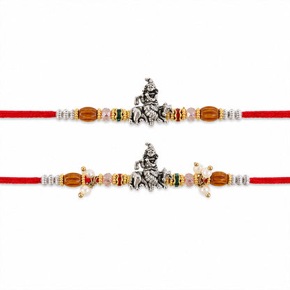 Silver Ganesha Couple Rakhi Set with Amber Crystal Beads and Pearl Lumba Charm Gift