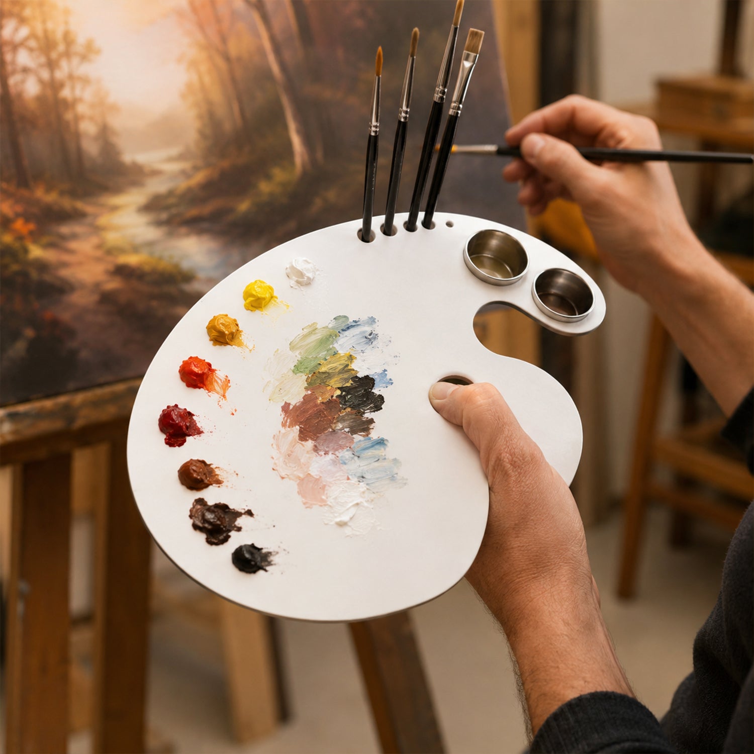 Oval Oil Colour Mixing Plate with 2 Dippers & Thumb Hole Flat Palette for Artists