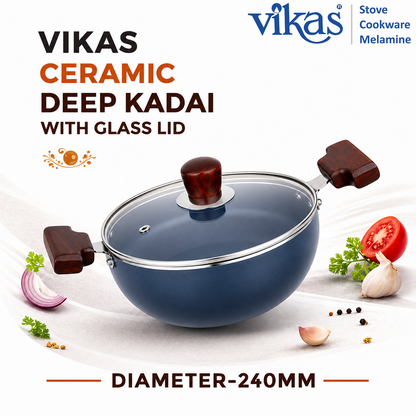 Vikas Ceramic Deep Kadai showcasing wooden handles and glass lid