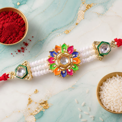 Multicolor Pearl Floral Rakhi with Jewel Center and Bright Festive Gifting Elegance