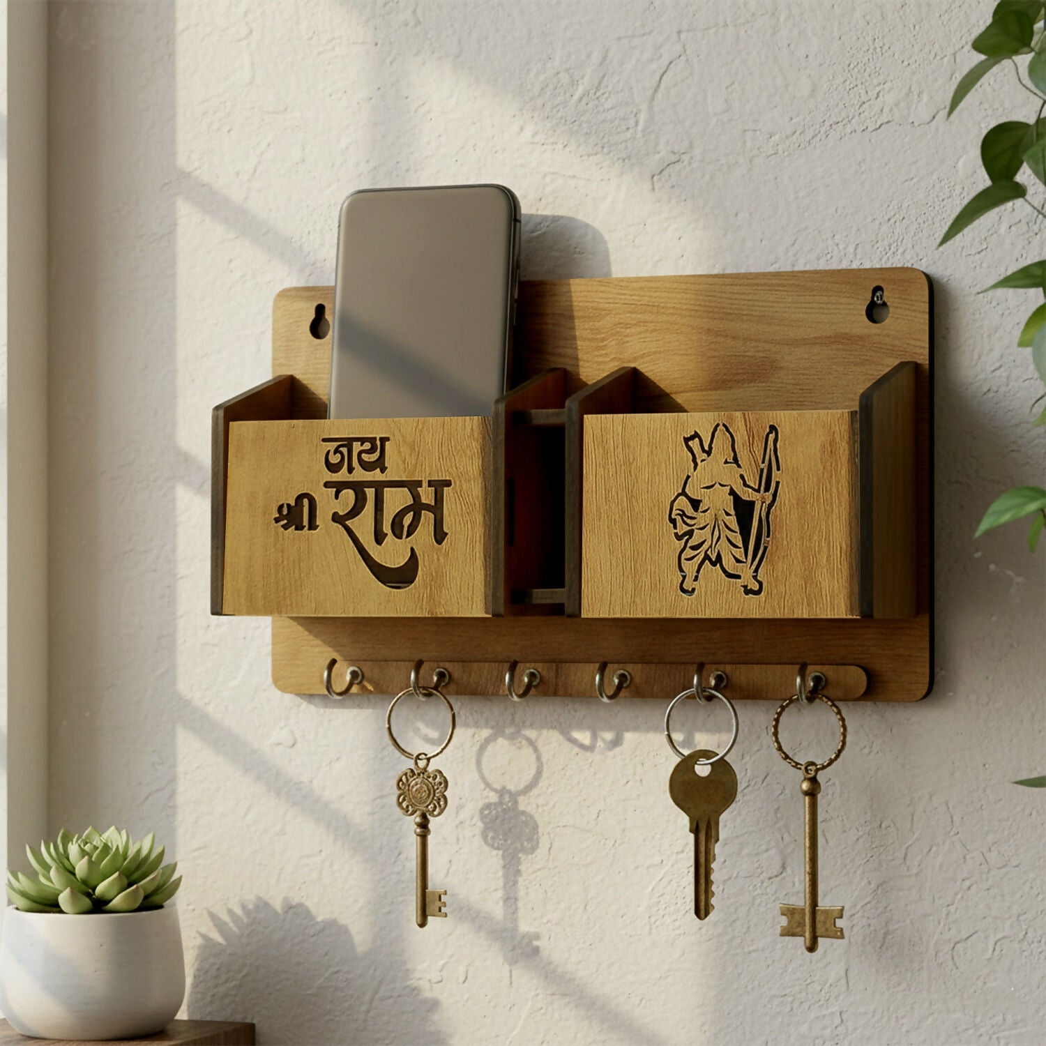 Decorative Jay Shree Ram Engraved Key Organizer with 6 Hooks