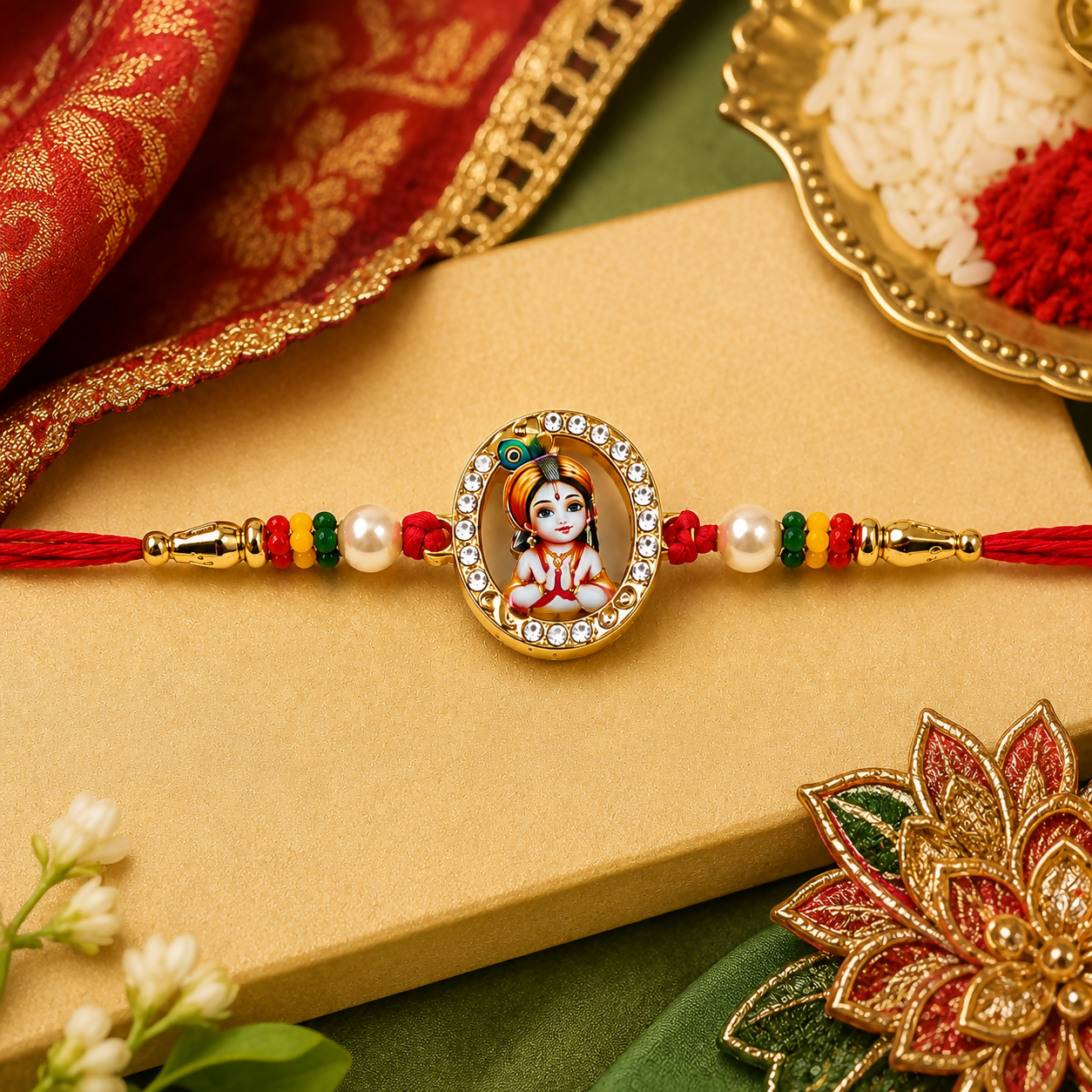 A red thread bracelet with a gold oval Bal Krishna charm, pearls, and colorful beads rests on a gold box with a red and gold