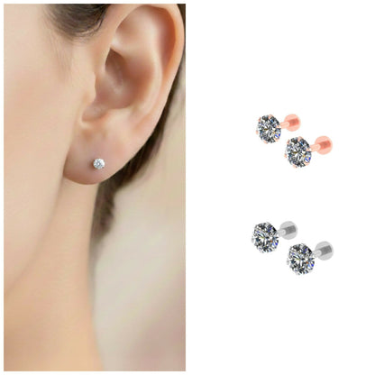Silver plated round cubic zirconia flat back stud earrings showing sparkling stones