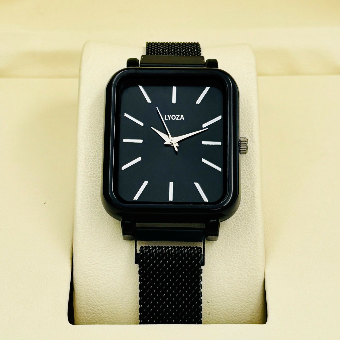 Black Square Analog Watch with Mesh Strap