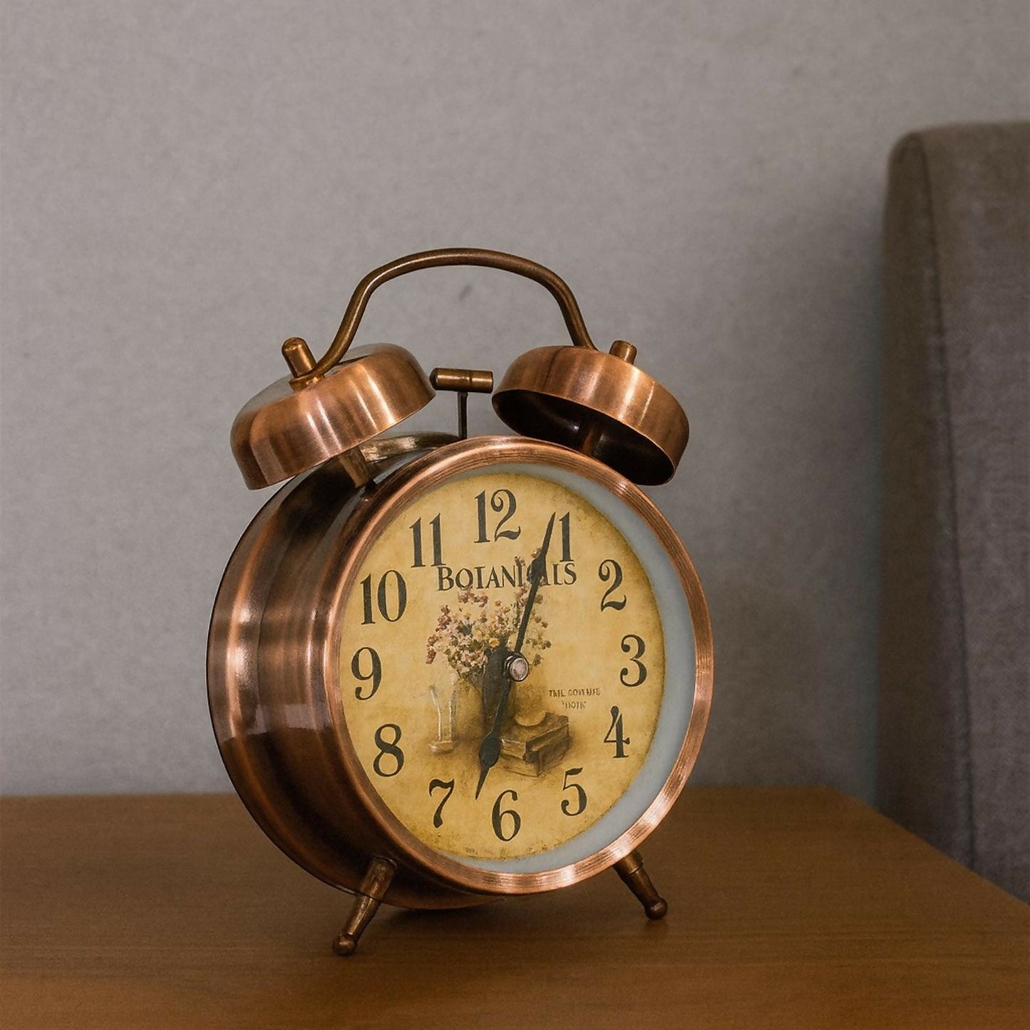 Vintage Bronze Twin Bell Alarm Clock with Loud Ringer | Retro Classic Bedside Table Clock with Antique Floral Dial & Metal Frame | Battery Operated Analog Clock for Home, Bedroom, Office & Gifting