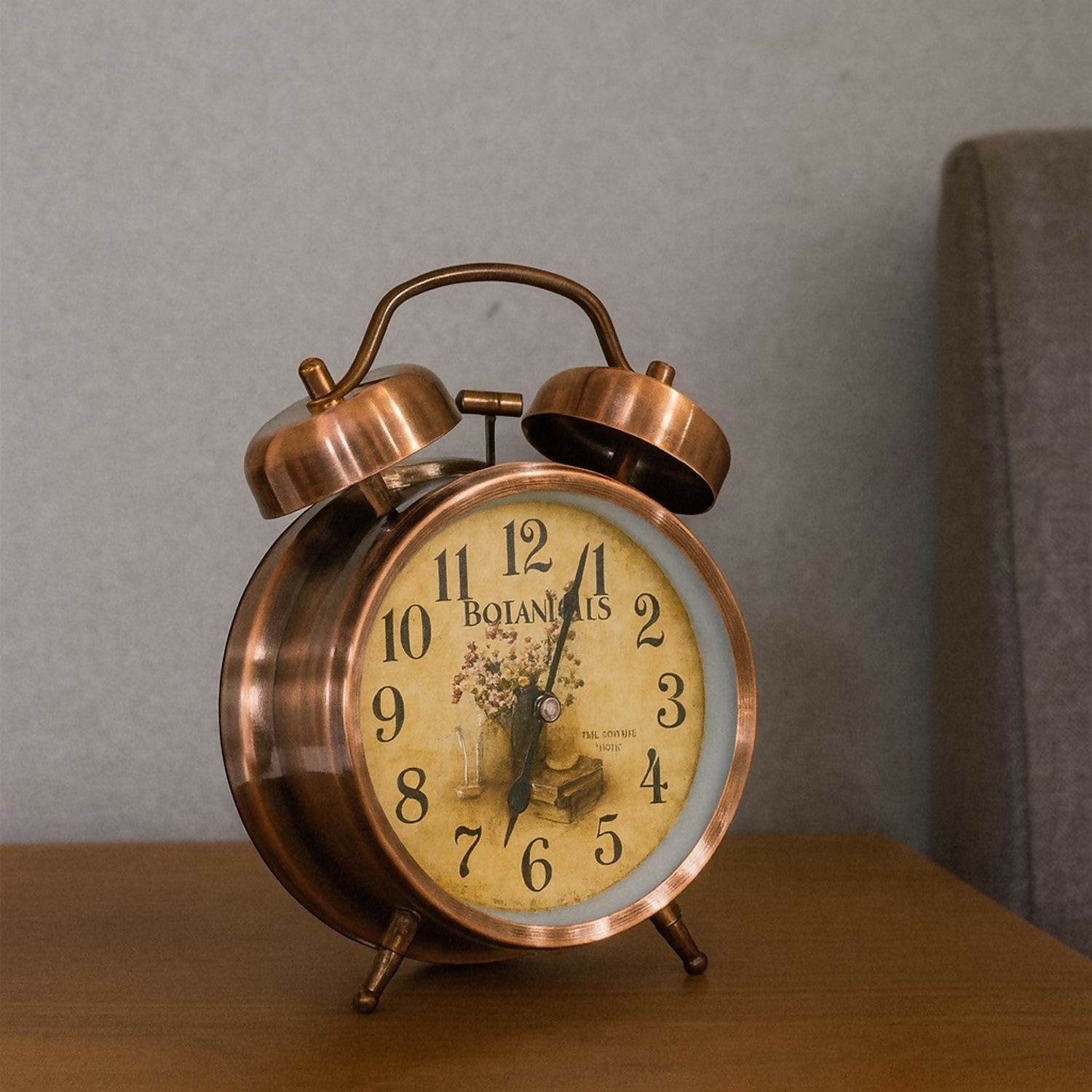 Vintage Bronze Twin Bell Alarm Clock with Loud Ringer | Retro Classic Bedside Table Clock with Antique Floral Dial & Metal Frame | Battery Operated Analog Clock for Home, Bedroom, Office & Gifting