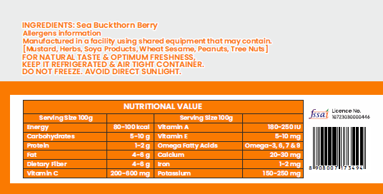 Sea buckthorn berries displayed with fresh Himalayan landscape background, emphasizing natural origin.
