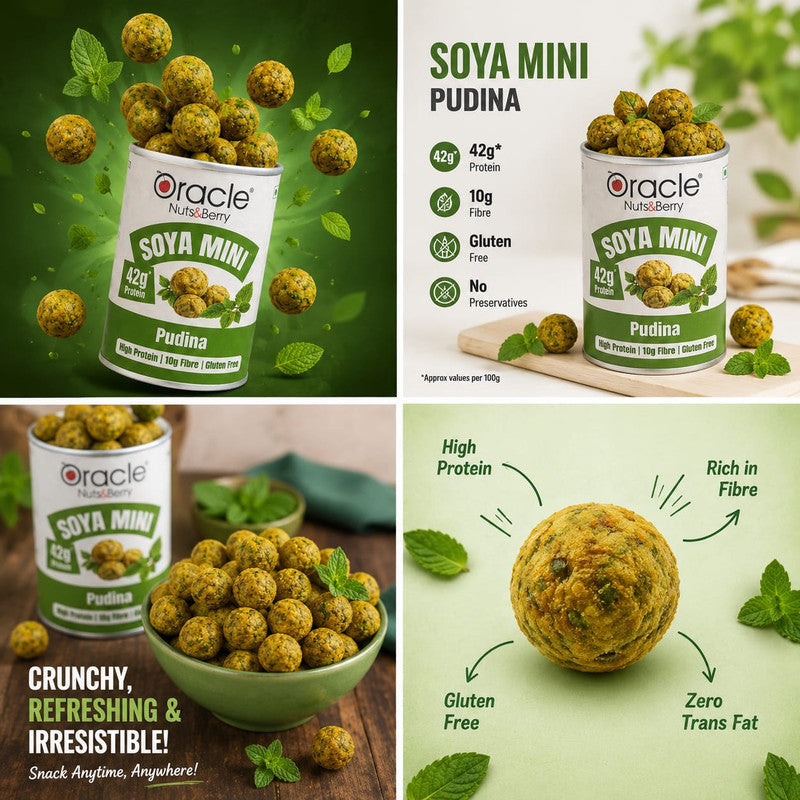 Oracle Soya Mini Pudina, Crunchy Tangy Mint Flavoured High-Protein Soya Sticks 120g